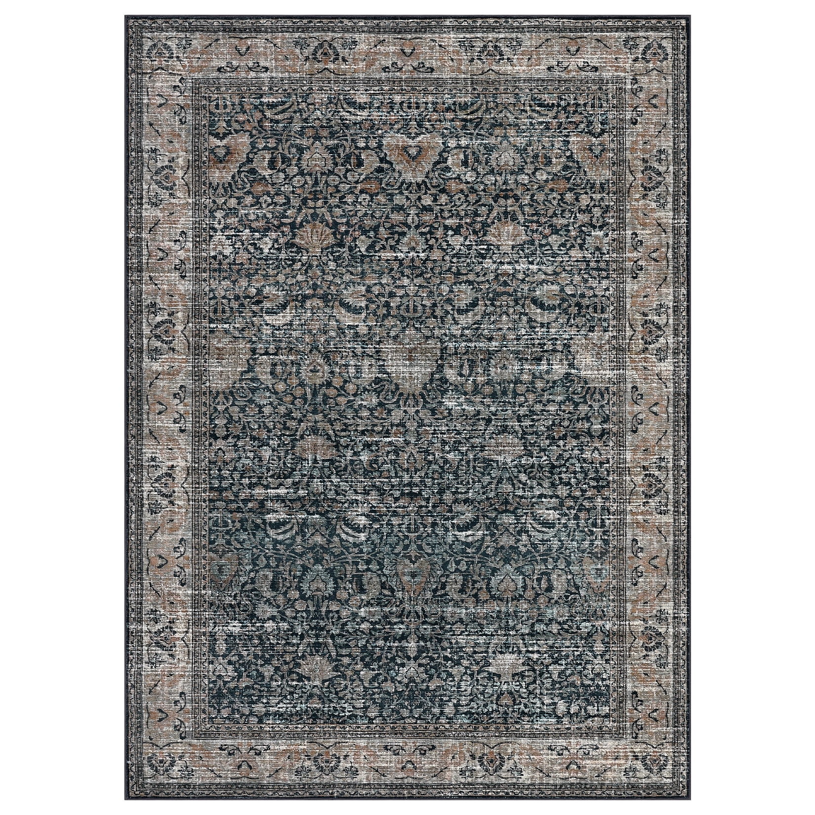Washable Area Rugs, Black 9'X12' Antique Distressed Large Rug for Living Room, Modern Non Slip Stain Resistant Vintage Print Accent Carpet Floor Mat for Bedroom Dining Office Farmhouse