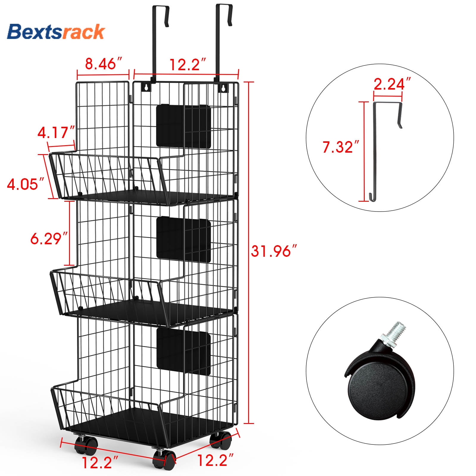 Bextsrack 3 Layer Stackable Wire Baskets Fruit Baskets,Fruit Bowl for Kitchen Counter With wheels Black