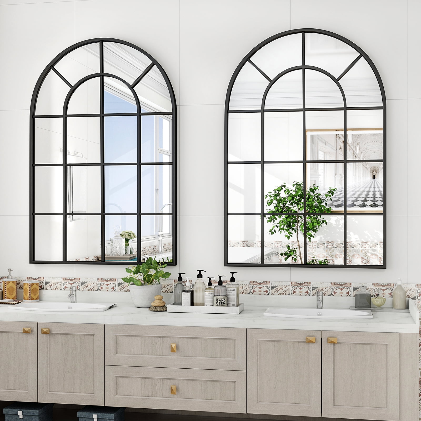 Easy4Home 36" x 24" Windowpane Arched Mirror Decorative Grid Wall Mirror, Black