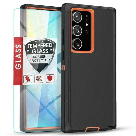 Starshop Galaxy S22 case, With Tempered Glass Protector, Shockproof Protection Rugged Hybrid Drop Belt Clip Cover Orange