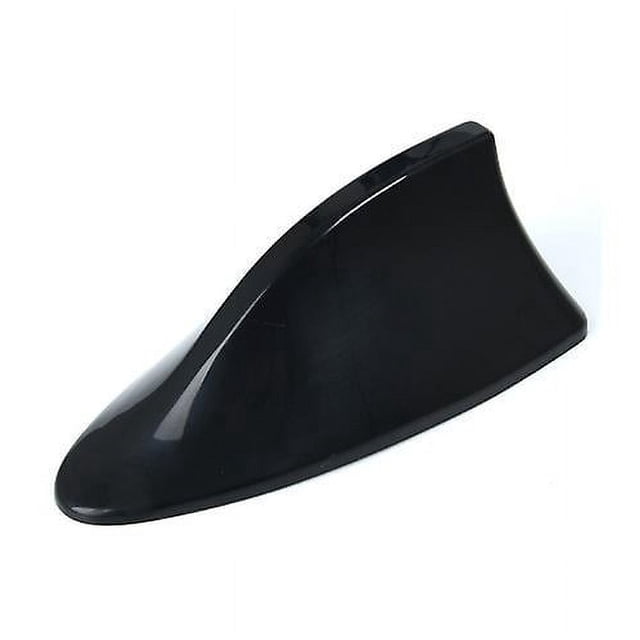 antena universal de aleta de tiburón brillar para techo de coche negra, vista frontal inclinada de antena tipo aleta negra con base ovalada y acabado lacado, superficie lisa, diseñada como pieza de repuesto para mejorar recepción AM/FM y aspecto exterior del vehículo; incluye una unidad, verifique compatibilidad antes de comprar.