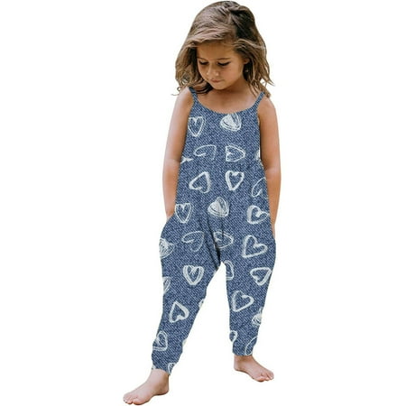 

Lovskoo 2024 Girls Casual Sleeveless Jumpsuits Spaghetti Strap Loose Romper Long Pants with Pockets Denim Heart Print Suspenders Romper Jumpsuit Blue-3 Years