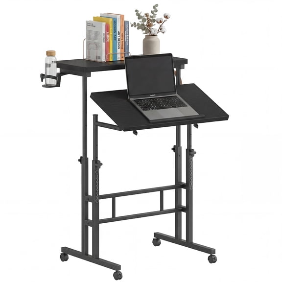 EDX Standing Desk with Wheels, Dual Desktop Height Adjustable Desk, Treadmill Desk for Walking Pad, Mobile Computer Table with Cup Holder for Home Office Bedroom Living Room, Black