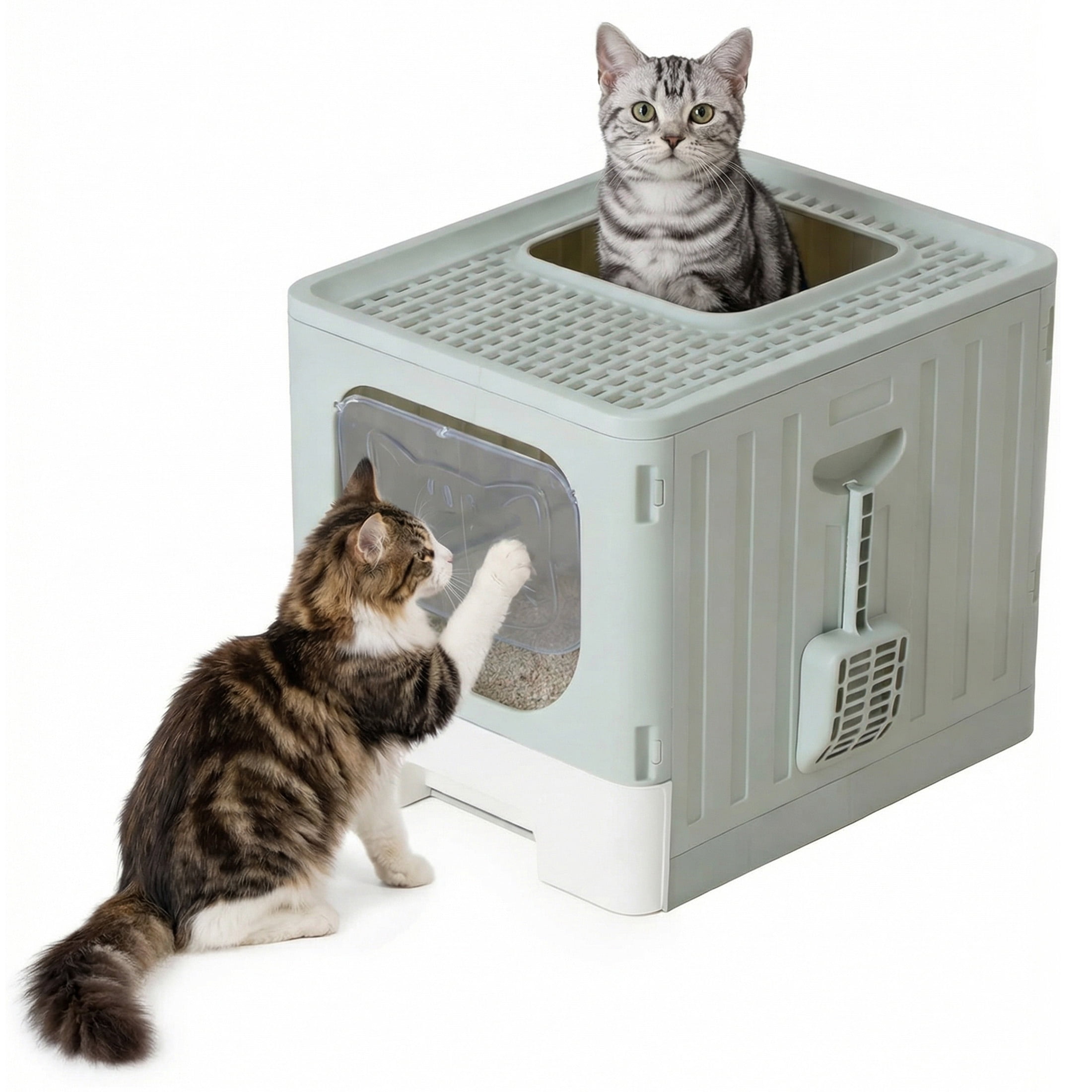 EDX Large Foldable Cat Litter Box with Lid, Enclosed Anti-Splashing Cat Box with Litter Scoop, Front Entry Top Exit Kitty Litter Box with Door, Drawer Design, Easy Cleaning & Odor Control, Gray