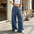 thumbnail image 5 of Miqool Women's Y2K Baggy Jeans Boho Wide Leg Jeans Low Rise Casual Denim Pants Floral Drawstring, Elastic Waist Pant, Pockets, 5 of 5
