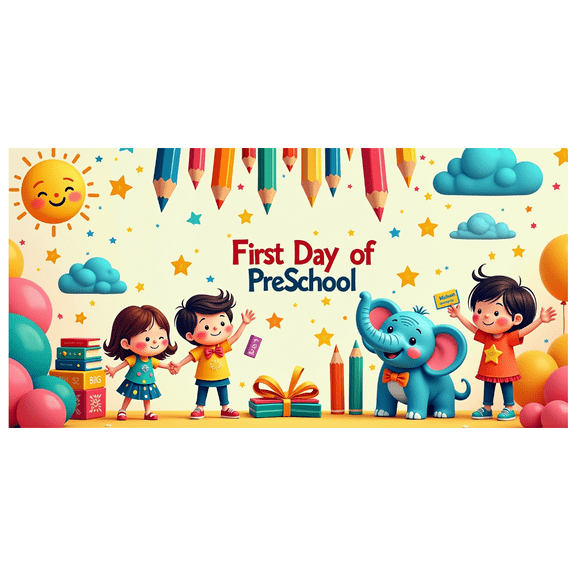 Colorful and Cheerful First Day Preschool Themed Backdrop Banner with Cartoon Elephant Kids and School Elements Party Decorations for Photography Props Classroom Celebrations Family Gatherings