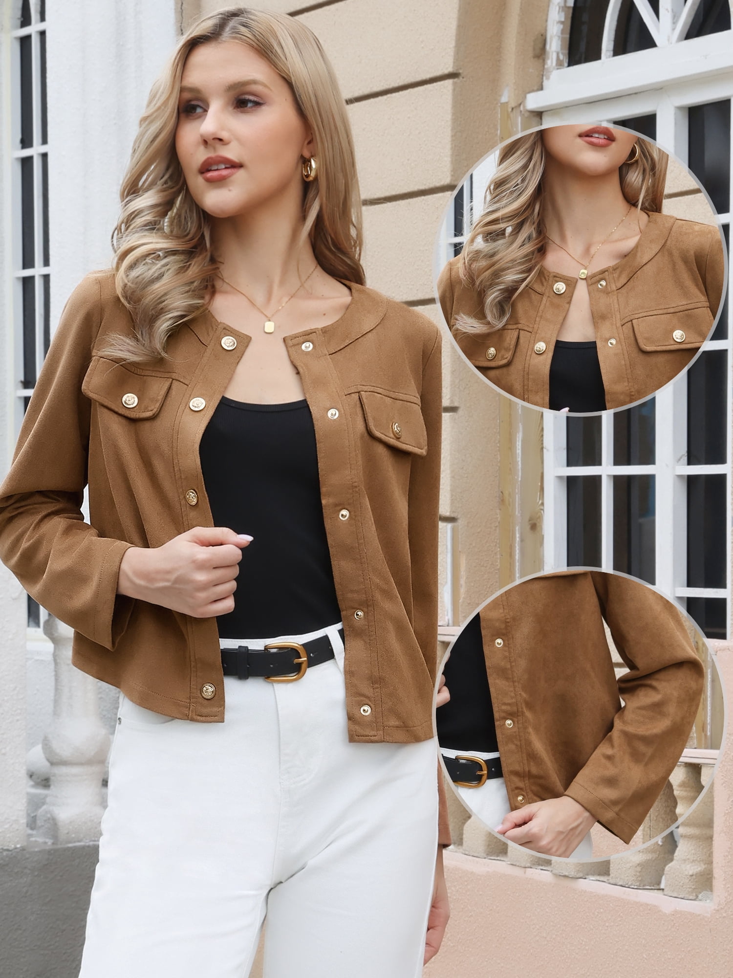 DARING DIVA Women's Faux Suede Long Sleeve Snap Button Collarless Jacket XS Brown