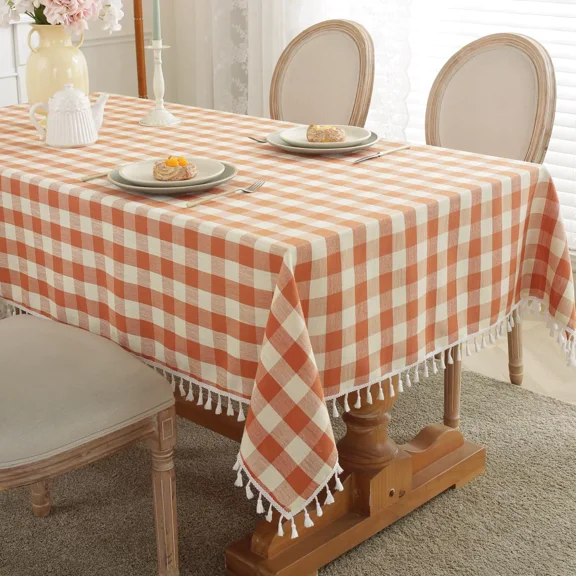 Checkered Fall Tablecloth Rectangle 55" x 70" Gingham Orange Cotton Linen Tablecloth