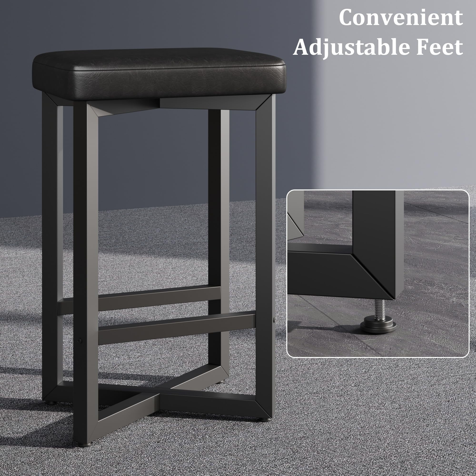 Counter Height Bar Stools Set of 2, 24.6 Inch Barstools for Kitchen Island Counter, PU Leather Kitchen Stools with Thick Saddle Seats & Heavy Duty Metal Base, Easy Assembly, All Black
