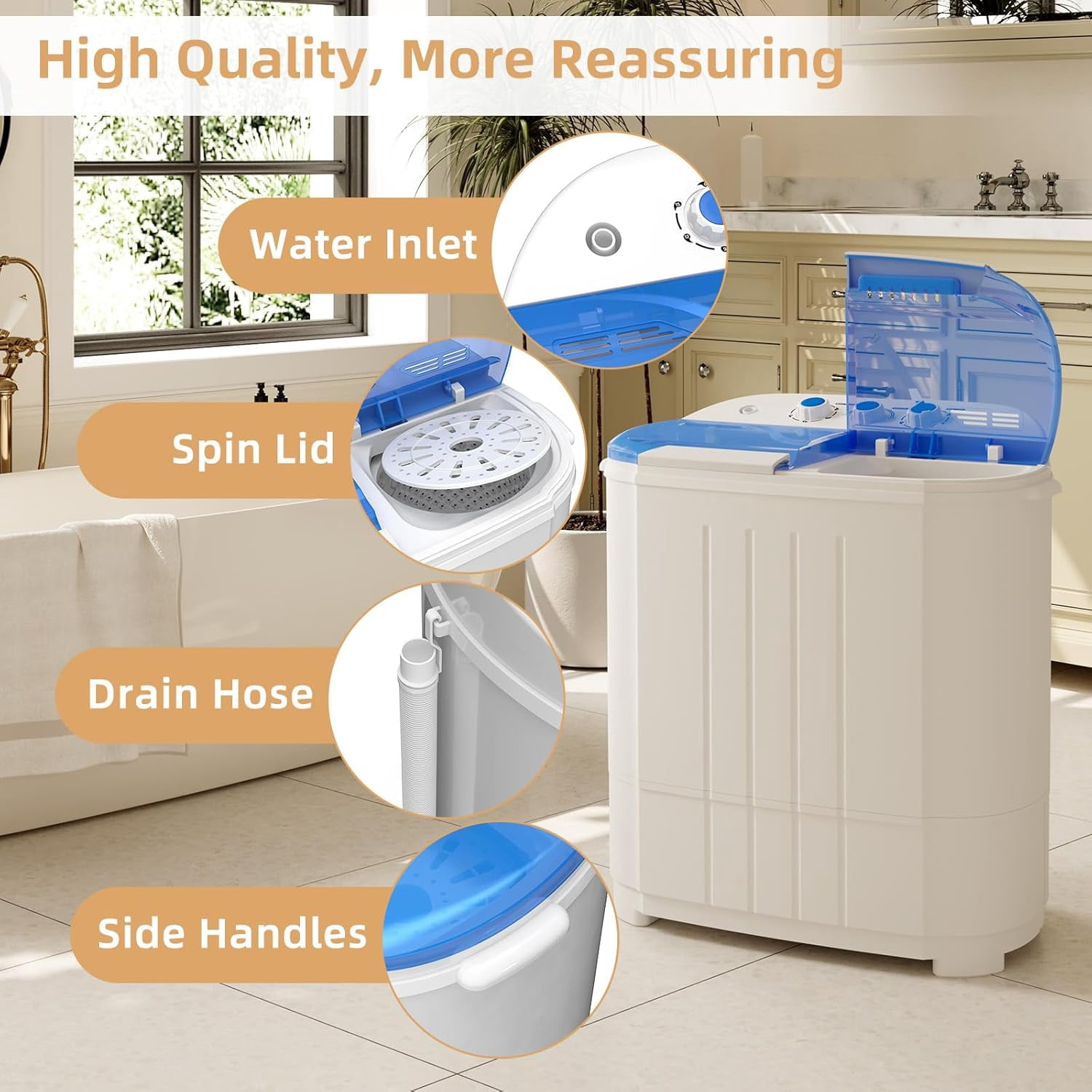 HOMAKE-PRO Portable Washing Machine, 14Lbs Compact Twin Tub Laundry Washer, Semi-Automatic 9Lbs Washer and 5Lbs Spinner Combo for Apartments, Dorms, RVs, ZY1005, White, Blue