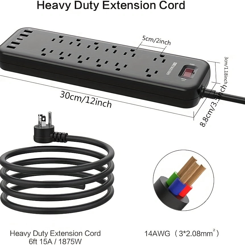 HITRENDS Surge Protector Power Strip - 12 AC Outlet 6ft Extension Cord, 5 USB Ports for Home Office