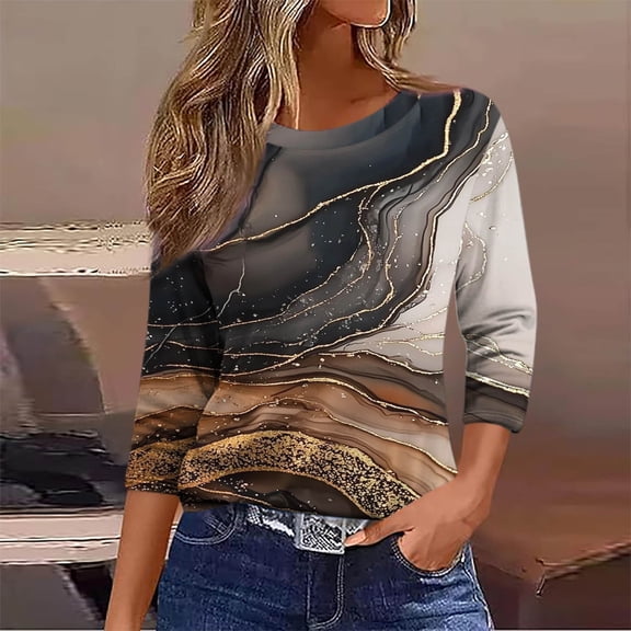 Viluyesy 3/4 Sleeves T-Shirt Women Round Neck Shirt Tops Loose Blouse Khaki Size 4XL