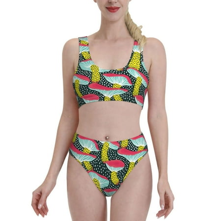 Bixox Green Mushroom Pattern Two-Piece Sports Bikini with U-Shaped Top and High-Waist Bottom - Women s Swimwear with Removable Bra Pads