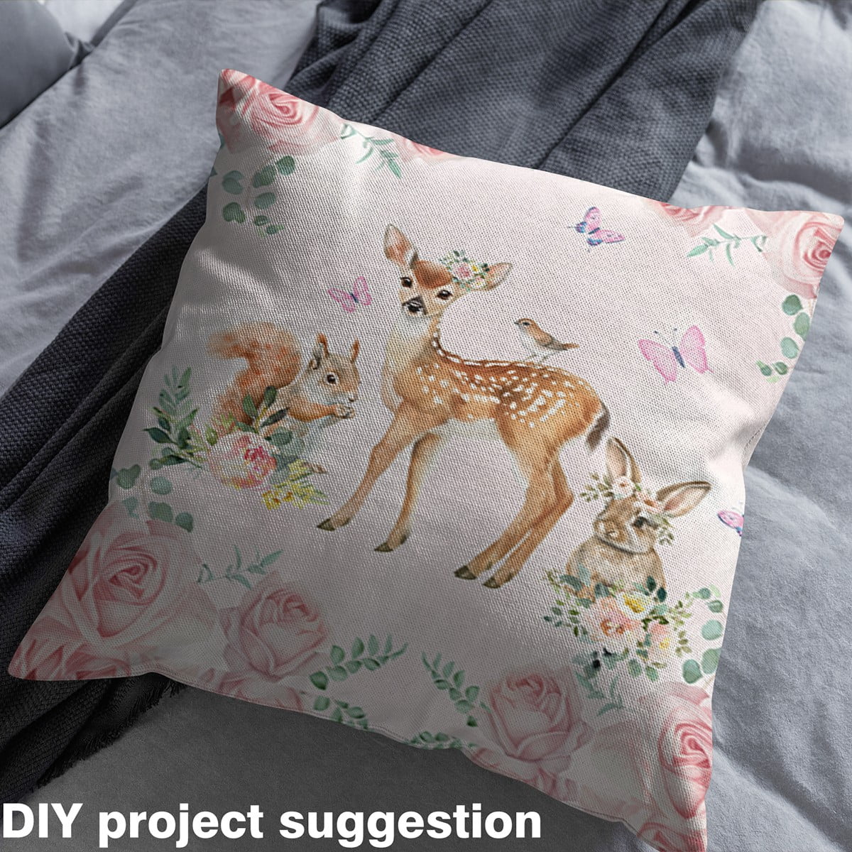 Manfei Watercolor Deer Rabbit Squirrel Decorative Fabric by the Yard for Boys Girls, Jungle Wildlife Decorative Fabric by the Yard, Pink Flower Floral Sewing & Crafting Fabric