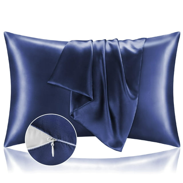 Satin Silk Pillowcases 2 Pack with Hidden Zipper, Navy Pillow Cases Queen Size Set of 2, Super Soft and Cooling Pillow Case with Envelope Closure (20x30 Inches)