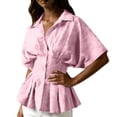 thumbnail image 2 of SSZMDLB Women Collared Short Sleeve Button Down Pleated Peplum Top Casual Blouse Solid Basic Shirt Office Outfits Summer Work Tops, Pink S, 2 of 7