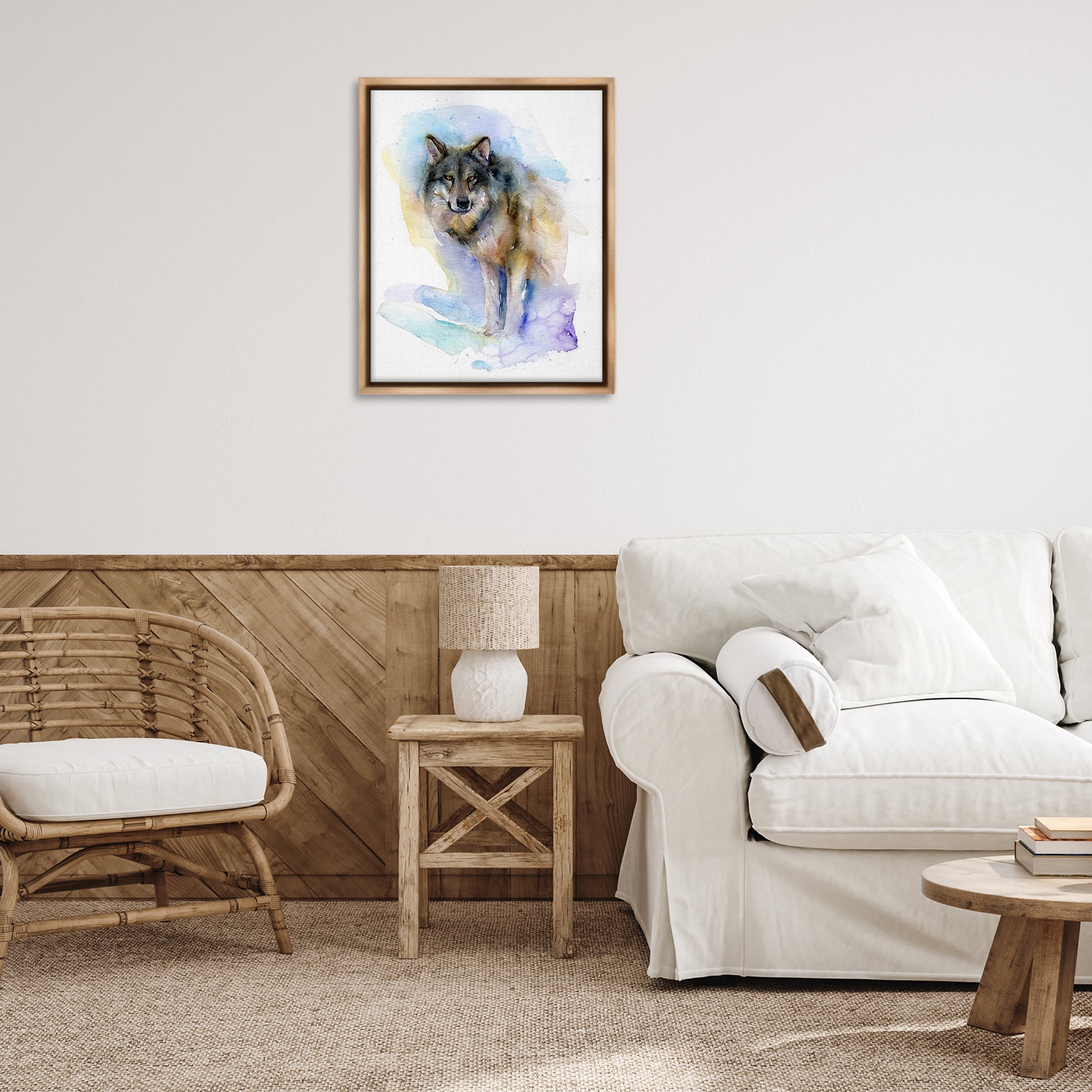 Stupell Industries Watercolor Wolf in Snow Animals & Insects Painting Brown Floater Framed Canvas Art Print Wall Art, 25 x 31