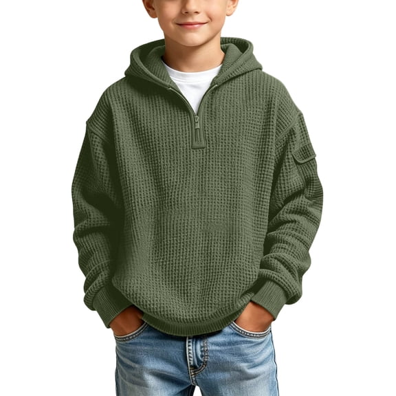 Iyufng Quarter Zip Hoodies for Boys Waffle Texture Ribbed Cuff & Hem Relaxed Fit Daily School Long Sleeve Pullover Sweatshirt