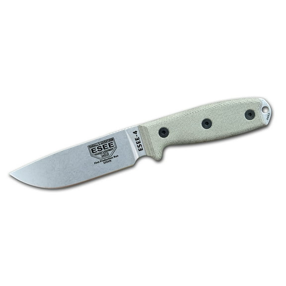 ESEE Knives ESEE-4 Fixed Blade Knife 4.5" Drop Point CPM S35VN Stonewashed Blade Canvas Micarta Handle Tan