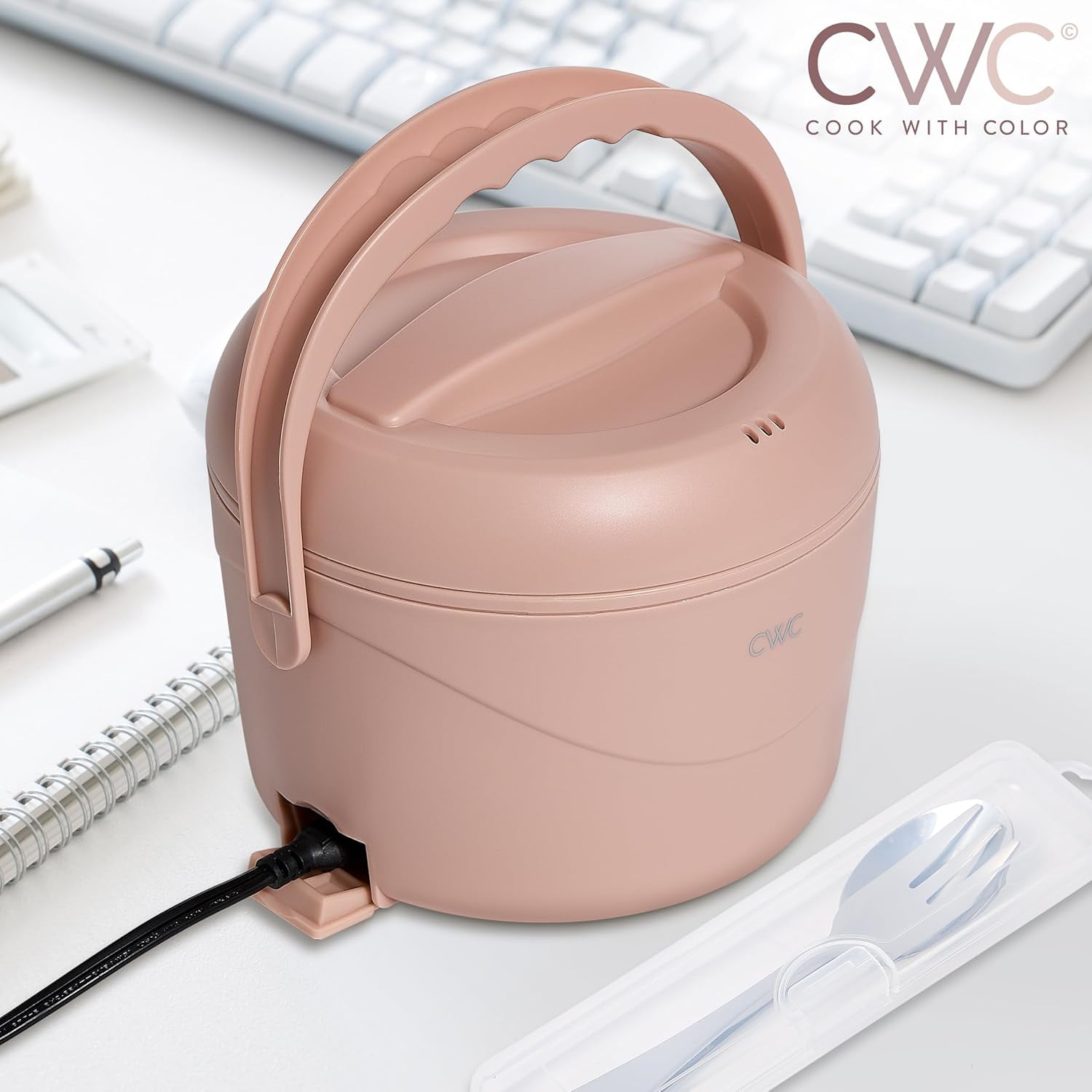 Cook With Color Heated Lunch Box Electric Food Warmer, Round 1.1L Portable Bento Box for Adults, Blush