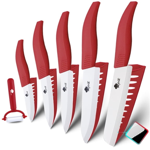 11-Piece Ceramic Kitchen Knife Set, Ultra Sharp Red Paring Knives with 6 Inch Chef Knife, Serrated Bread Knife, Utility Knife, Fruit Knife, Paring Knife, Peeler & Protective Sheaths