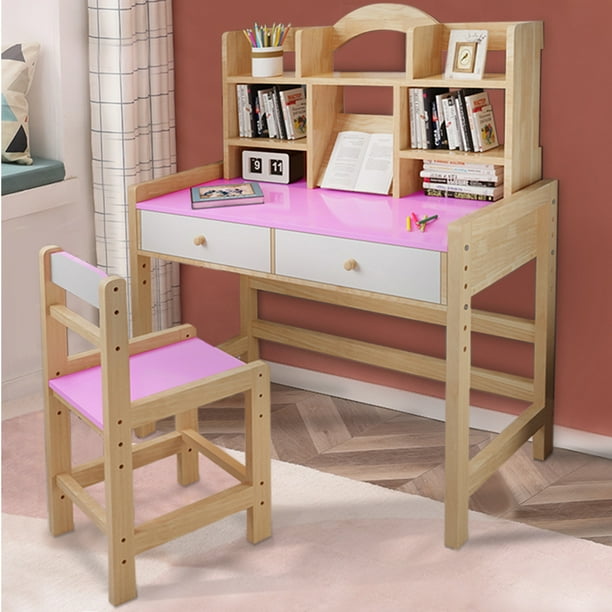 Pink Wooden Student Desk And Chair Set With Drawers Bookshelves Adjustable Height Com Pink Wooden Student Desk And Chair Set, Pink Wooden School Desk