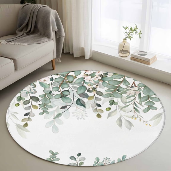 Sage Green Eucalyptus Round Area Rug 3.3Ft Washable Circle Rugs for Dining Room Table, Spring Floral Botanical Watercolor Non-Slip Carpet Floor Mats Indoor Outdoor Carpet Runner Aesthetic Home Decor