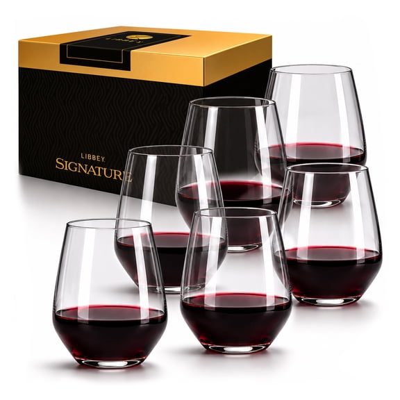 Libbey Signature Greenwich Stemless Wine Glasses Set of 6, Modern Wine Glasses for Red and White Wine, Ideal Stemless Wine Glass Set for All Occasions