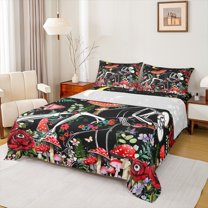 Homewish Red Rustic Mushroom Bed Sheets,Gothic Skull Skeleton King Sheets,Colorful Country Floral Sheet Set For Girls Kids,Luxury Bedroom Decor,4pcs