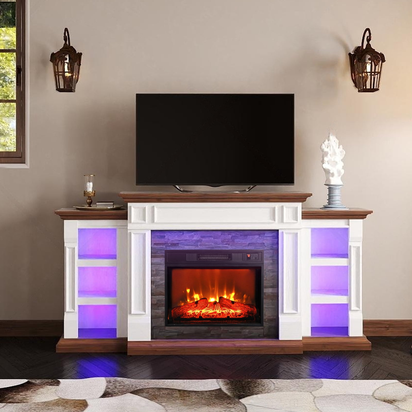 Electric Fireplace with 70" Mantel & LED Lights, Stacked Stone Surround with 23" Fireplace Insert, Adjustable Flame, Remote Control, White & Brown