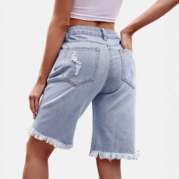 WPPGONE Denim Bermuda Shorts for Women Knee Length Distressed Holed Straight Leg Frayed Vintage Bottoms Fashion Casual Summer Versatile Jean Shorts with Pockets