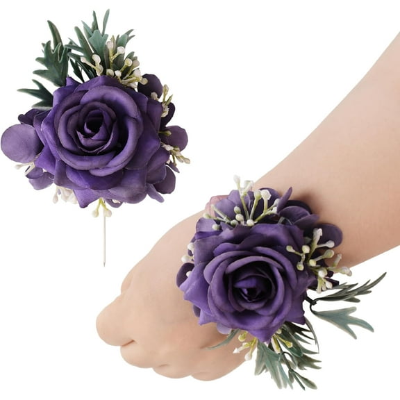 Wrist Corsage and Boutonniere Set, Artificial Purple Rose Hand Flower for Prom Wedding Wrist Corsage Wrist Flower for Graduation Party