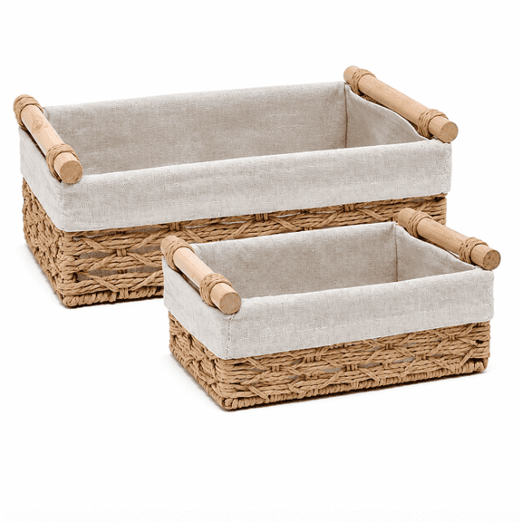 2 Pack Wicker Storage Baskets with Handles, Small Decorative Organizer Bins for Bathroom, Toilet Tank, Kitchen Countertop