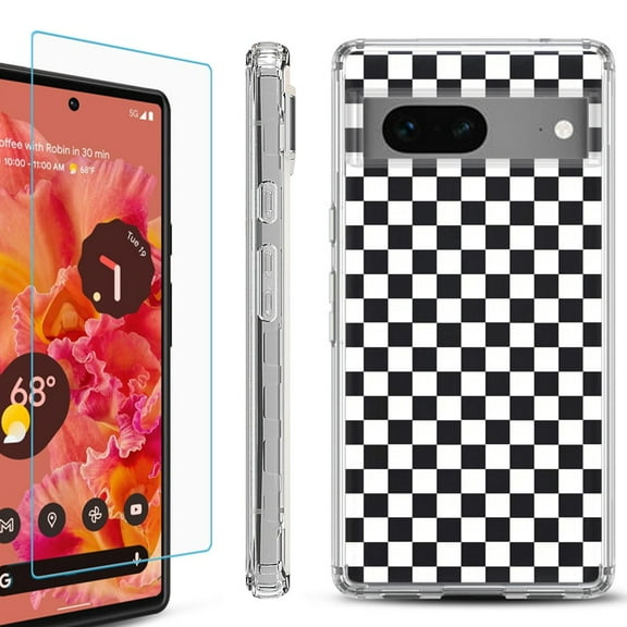 Shockproof Bumper Phone Case for Google Pixel 7, with Tempered Glass Screen Protector, by OneToughShield ® - Checker B/W