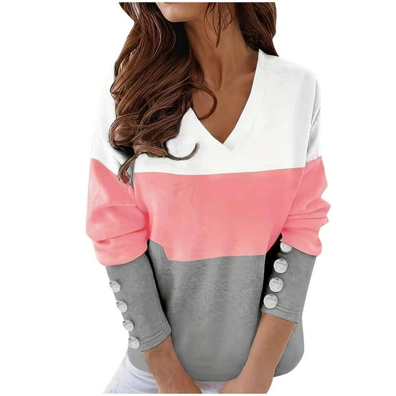 Plebaso Women's Plus Size Tops V Neck Long Sleeve Shirts Button Cuffed Fall Winter Blouses for Ladies