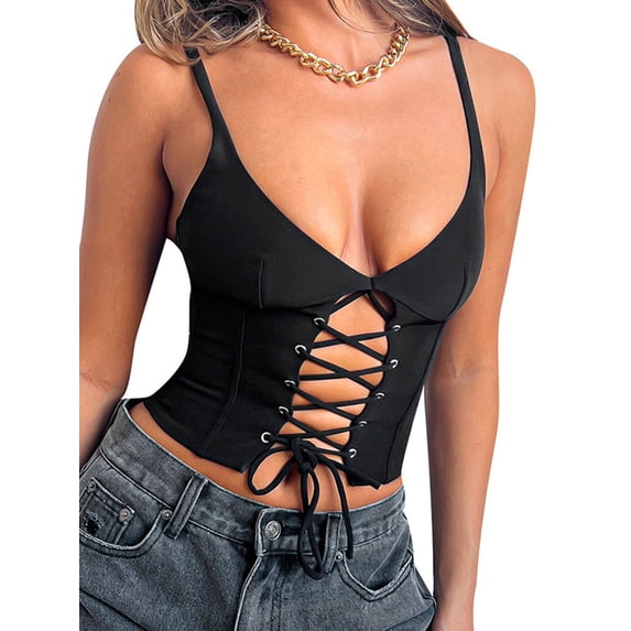 hirigin Sexy Corset Tops for Women Vintage Goth Underbust Boned Backless Sleeveless Adjustable Spaghetti Straps Bustier(F-Black Corset,S)