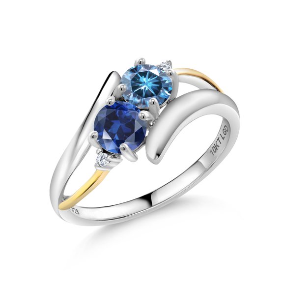 Gem Stone King 925 Silver and 10K Yellow Gold Ring Round Persian Blue Moissanite and Created Sapphire Blue (1.12 Cttw, Size 8)