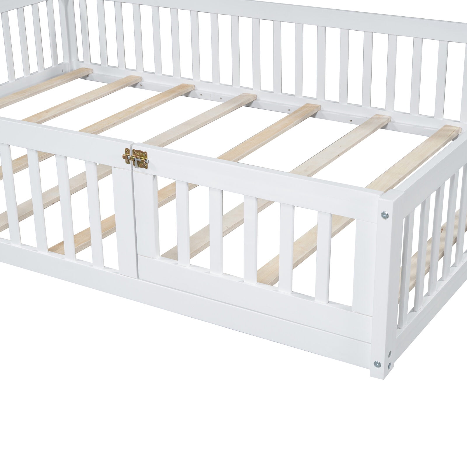 Full Size Floor Bed with Door and Slats,Montessori Floor Bed with Safety Guardrails,House Platform Bed for Girls and Boys,White