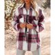 thumbnail image 2 of Abrigo de mujer con solapa a cuadros, manga larga, camisa con botones y bolsillos para primavera, otoño e invierno, color rojo XXL, 2 of 6