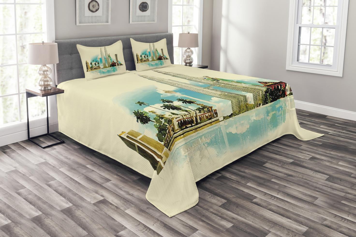 Details about   Asian Quilted Bedspread & Pillow Shams Set East Kuala City Palms Print 