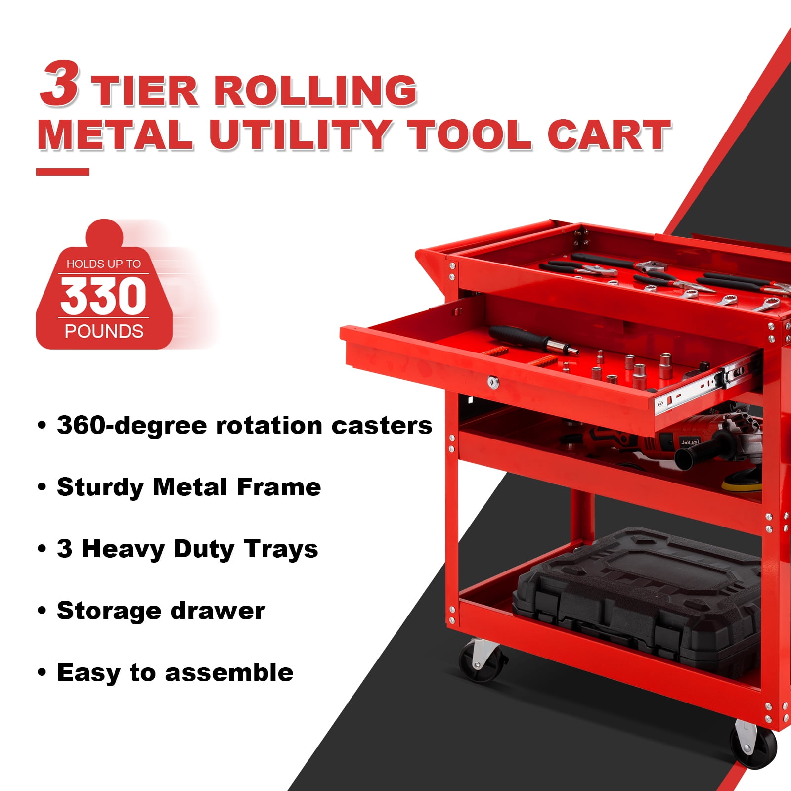 3 Tier Rolling Tool Cart, 330 LBS Capacity Heavy Duty Utility Cart Too –  GoplusUS