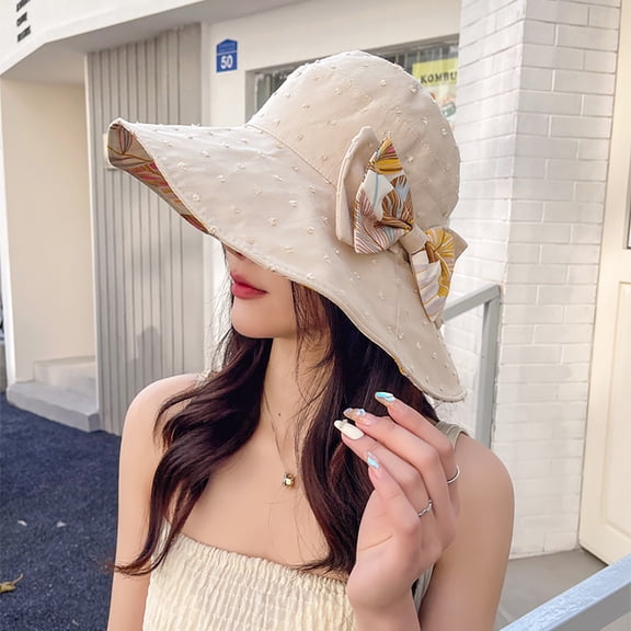 Women's Round Crown Sun Hat with Wide Brim, Cotton Blend Foldable Bucket Hat for Beach and Travel, Breathable Sun Protection Hat with Bow Decoration, Adjustable Summer Hat Beige