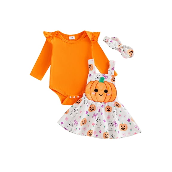 Cjfdfy Newborn Baby Girl Halloween Outfit My First Halloween Ruffle Long Sleeve Romper Ghost Pumpkin Dress Bow Headband Three Piece Set Infant Cute Halloween Fall Winter Outfit