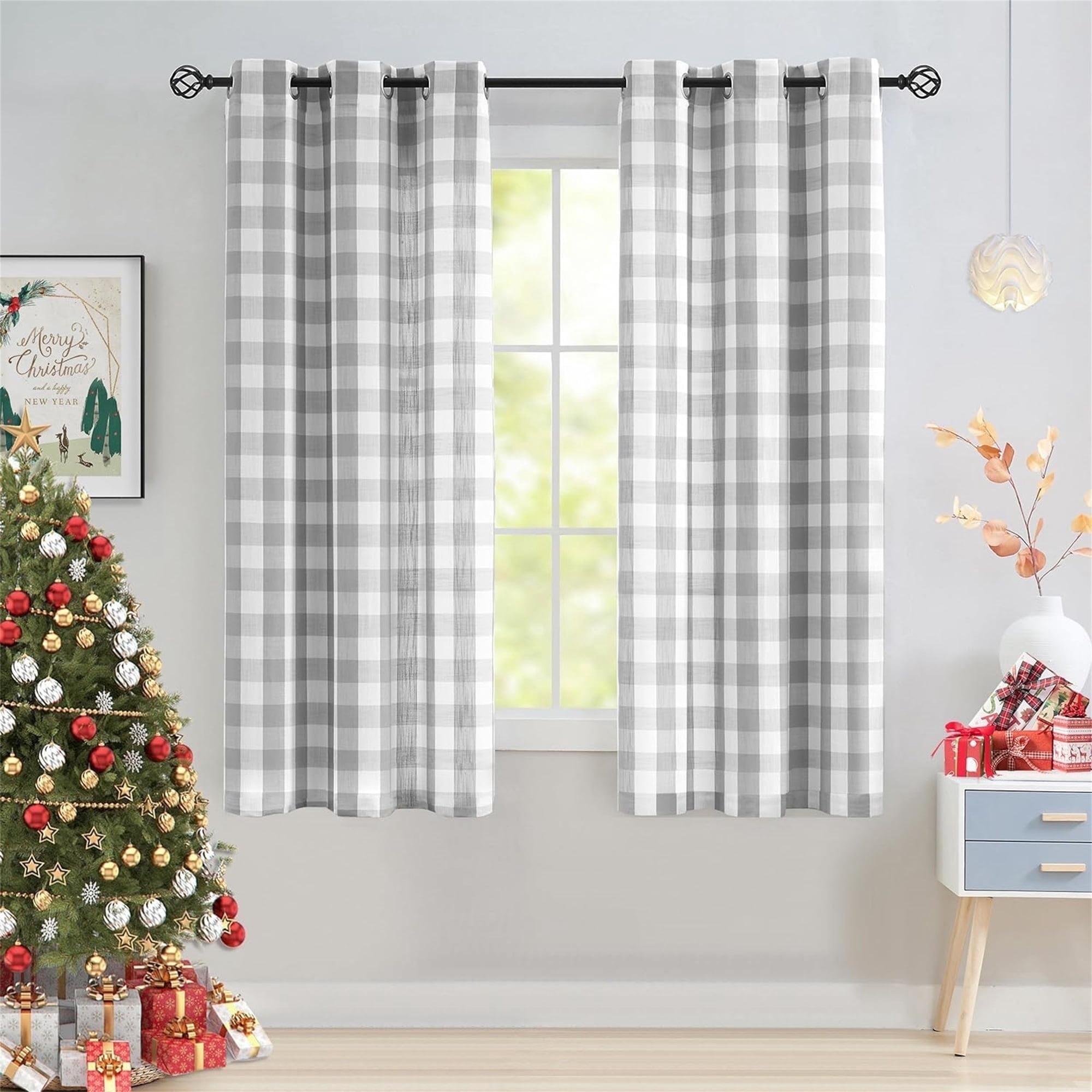 Flowpartex Buffalo Check Semi Sheer Curtain Panels Gray and White Plaid Light Filtering Window Drapes for Farmhouse Living Room Bedroom, Grommet Top 40"Wx63"L 2pcs