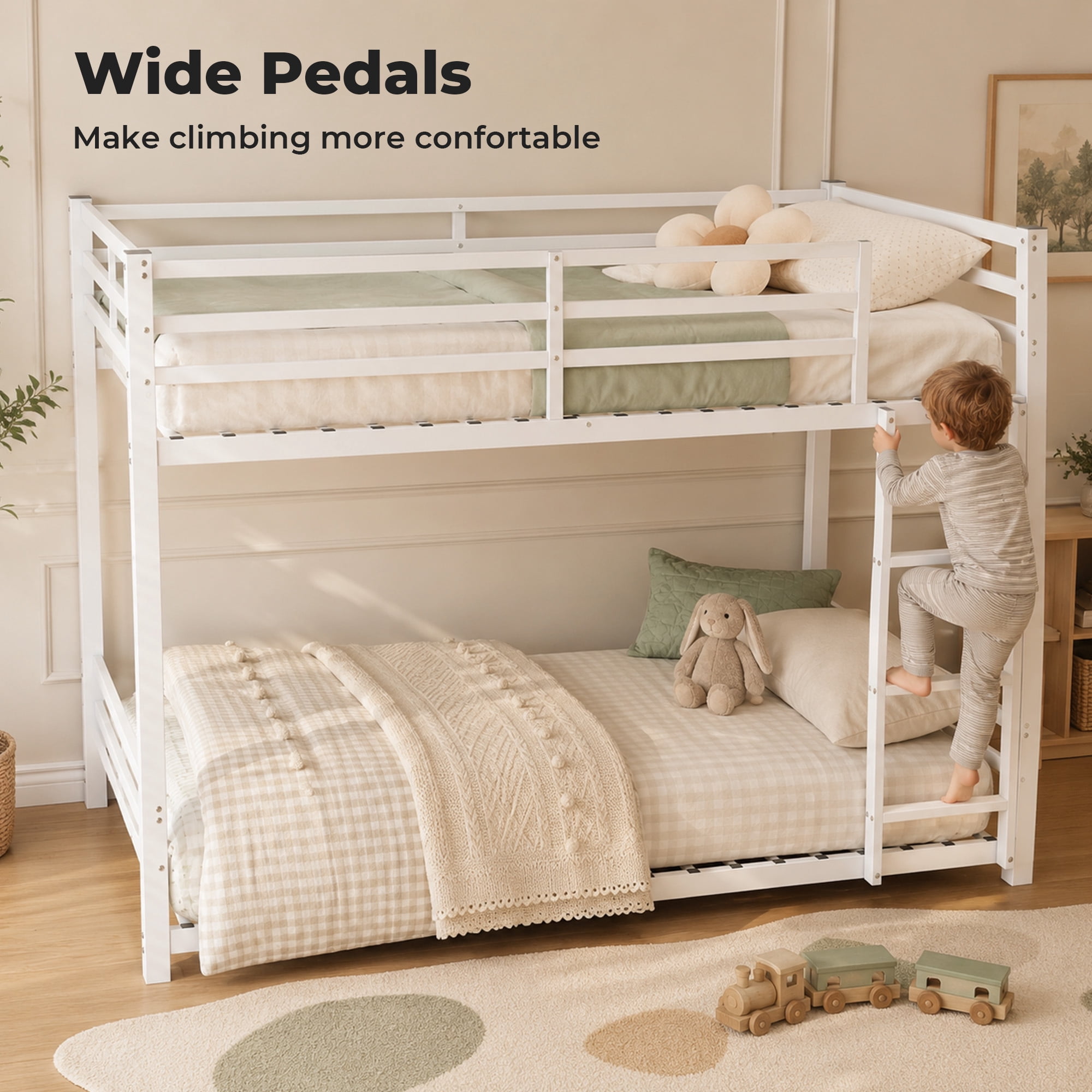 Alvantor Bunk Bed Twin over Twin, Metal Low Bunk Bed for Kids with Ladder and Anti-tip Bracket White