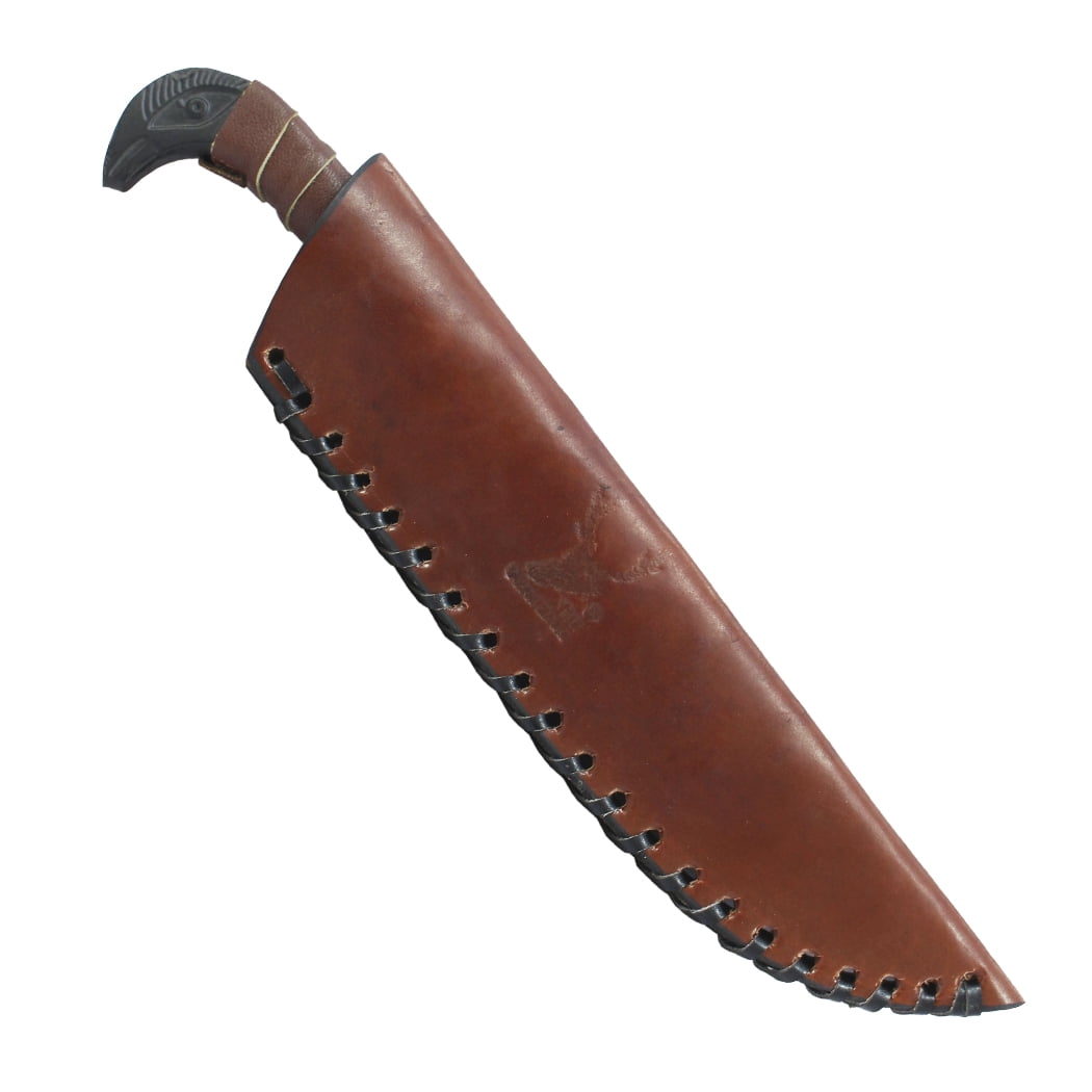 10" Black Coated Steel Blade Hunting Knife Leather Wrapped Handle With Sheath