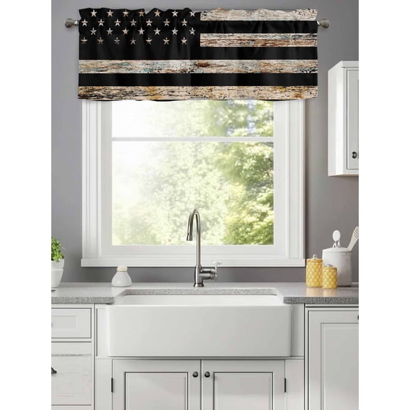 Shabby Chic American Flag on Wooden Grain Valances for Windows,Rod Pocket Valance for Kitchen Bedroom Bathroom Living Room, Western Farm Window Valance Curtain Short Curtains 42x12in