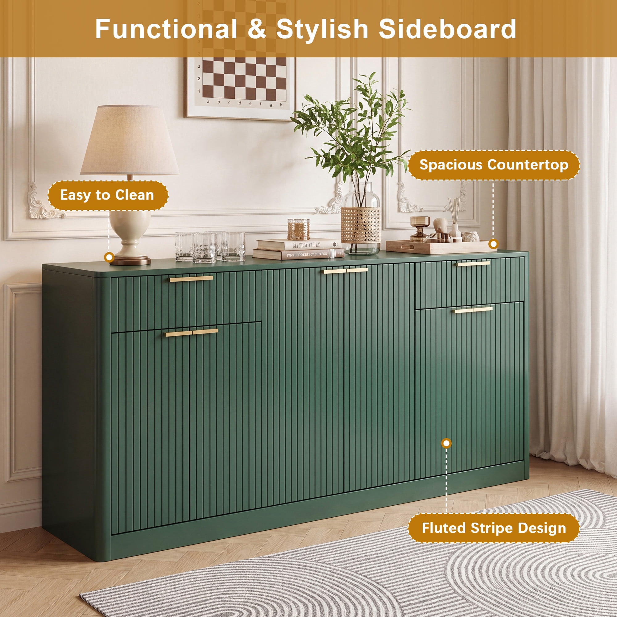 HOQBN 67" Fluted Buffet Sideboard, Modern Storage Cabinet with 6 Doors & 2 Drawers,Large Credenza for Dining Room,Living Room,Entryway,Dark Green