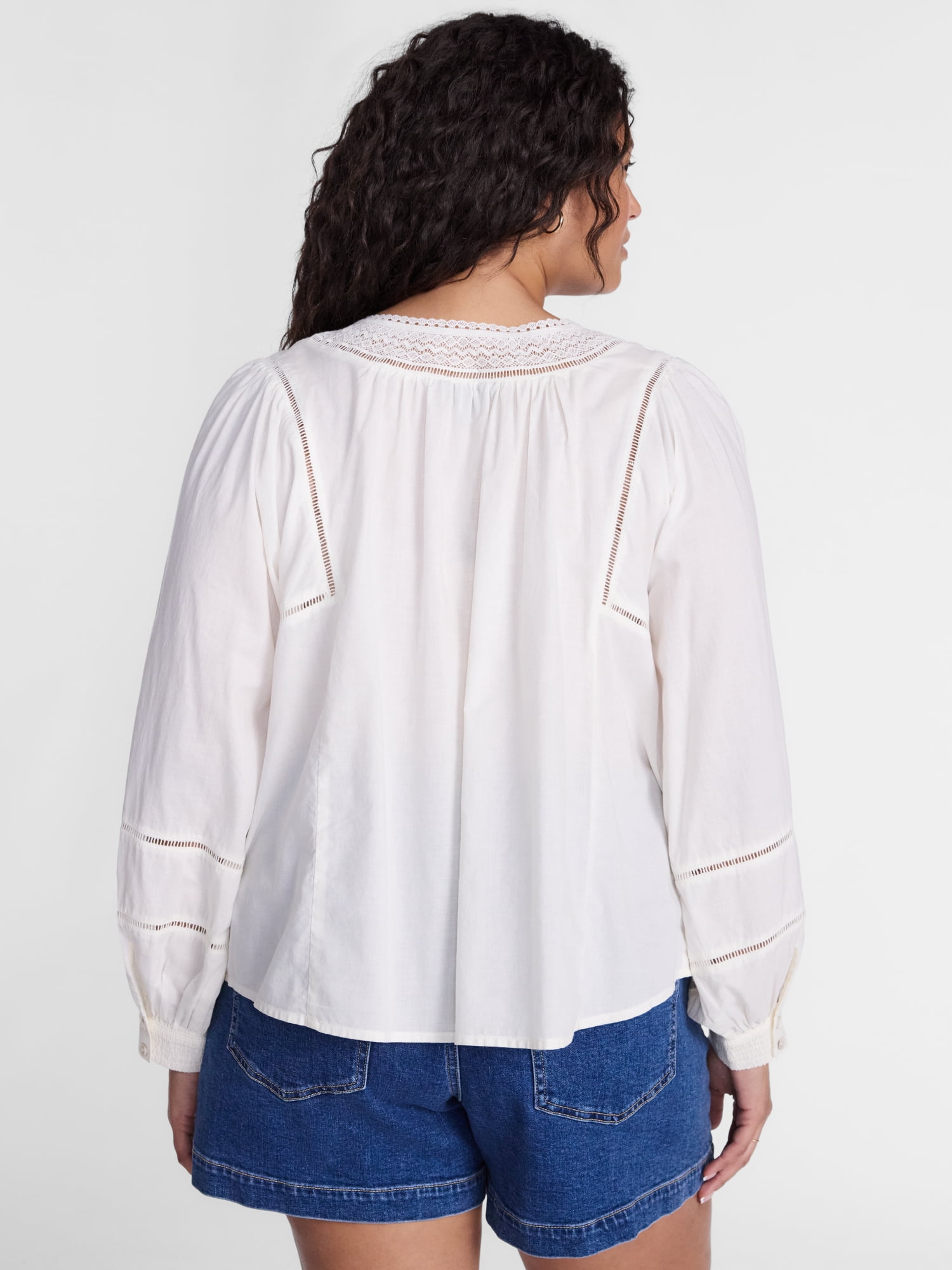 Terra & Sky Women's Plus Tie Front Geo Eyelet Cotton Blouse with Long Sleeves, Sizes 0X-5X