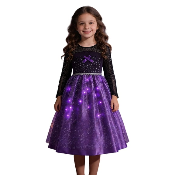 FYDUU Kid Girls Halloween Dress Purple Lights Dresses for Girls Long Sleeve Party Gown with Tulle Princess Dress Holiday Clothes 7-10 Years